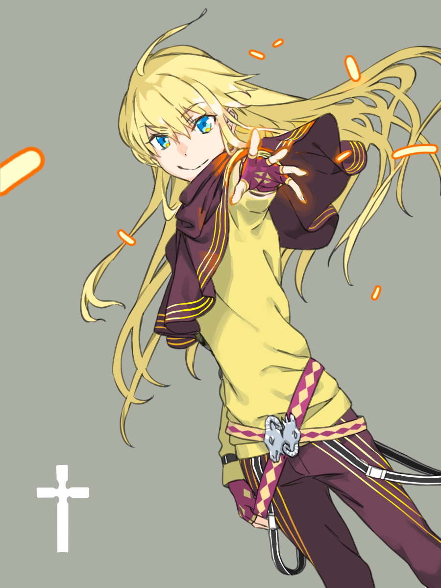 1girl, ahoge, belt, blonde_hair, blue_eyes, brown_capelet, brown_pants, capelet
