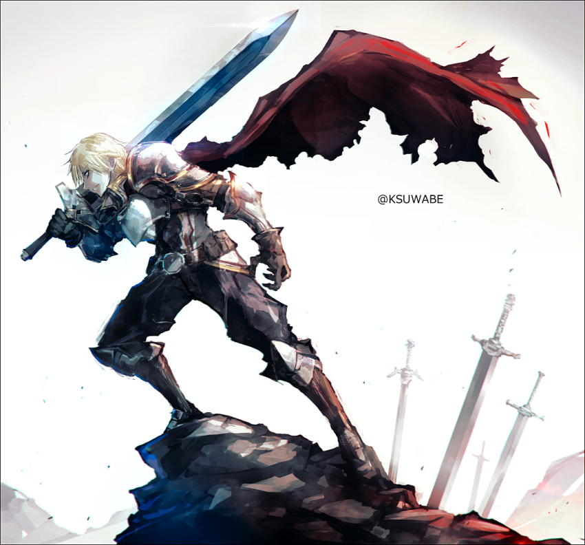 1boy, artist_name, blonde_hair, blue_eyes, brown_gloves, cape, ex_albio, ex_albio_(1st_costume)