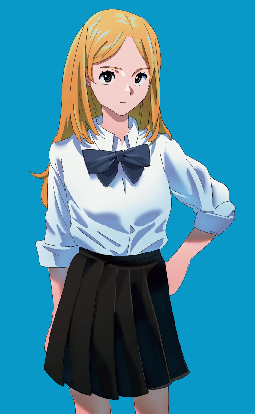 1girl, black_skirt, blonde_hair, blue_background, blue_bow, bow, earrings, hand_on_own_hip