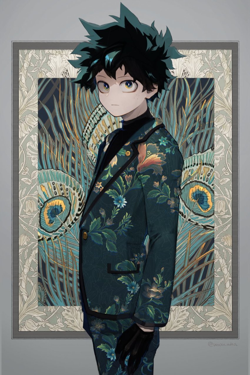 1boy, alternate_costume, artist_name, bad_id, bad_twitter_id, black_gloves, boku_no_hero_academia, closed_mouth, feathers, formal_clothes, freckles, gloves, green_eyes, green_hair, green_suit, highres, looking_at_viewer, messy_hair, midoriya_izuku, patterned, patterned_background, patterned_clothing, peacock_feathers, pocket, serious, short_hair, signature, solo, standing, suit, unou_(unou_mha)