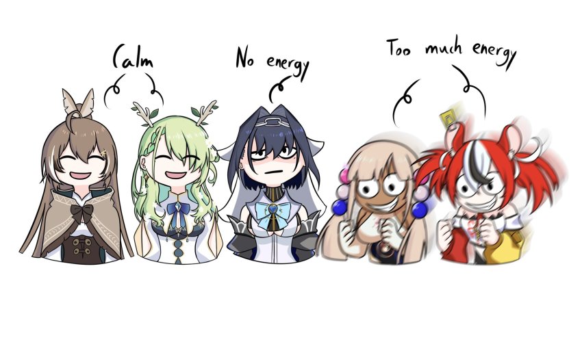 5girls, animal_ears, black_hair, bow, brown_hair, ceres_fauna, cloak, dark-skinned_female, dark_skin, english_text, feather_hair_ornament, feathers, flower, fong_(fongthe0125), green_hair, hair_flower, hair_ornament, hairclip, hakos_baelz, highres, holocouncil, hololive, hololive_english, long_hair, motion_blur, mouse_ears, mouse_girl, multicolored_hair, multiple_girls, nanashi_mumei, nanashi_mumei_(1st_costume), open_mouth, ouro_kronii, ouro_kronii_(1st_costume), ponytail, red_hair, smile, streaked_hair, tsukumo_sana, tsukumo_sana_(1st_costume), twintails, virtual_youtuber, white_hair