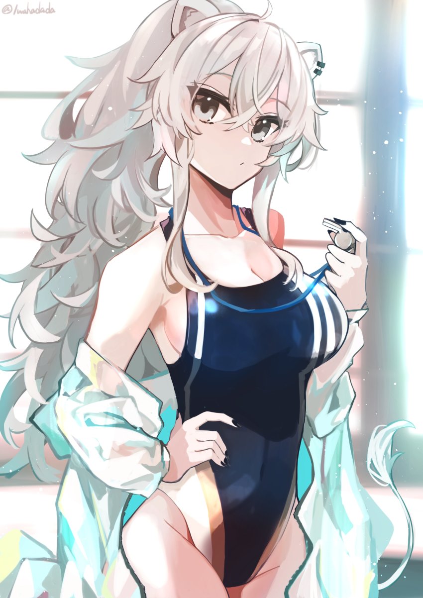 1girl, absurdres, ahoge, alternate_costume, alternate_hairstyle, animal_ears, black_nails, blue_one-piece_swimsuit