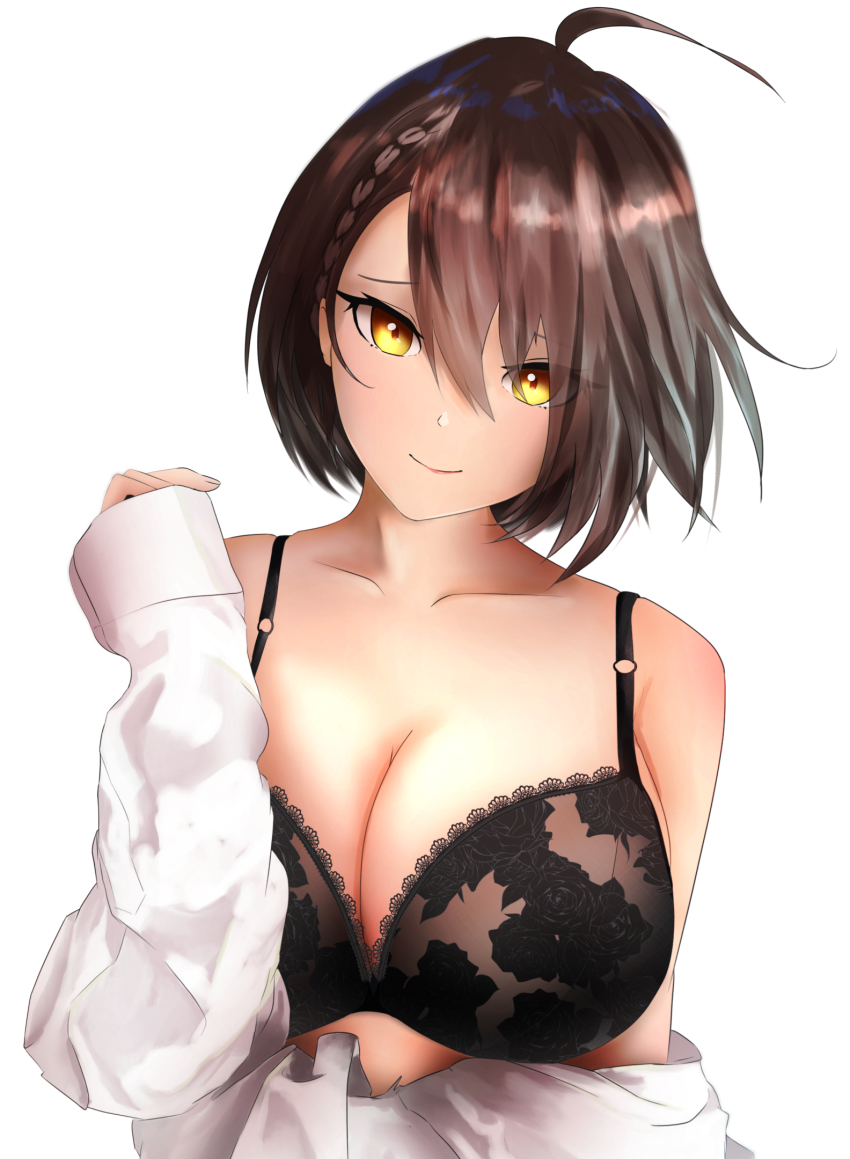 1girl, ahoge, azur_lane, baltimore_(azur_lane), bare_shoulders, beefusteku, black_bra, bra, braid, breasts, brown_hair, cleavage, collarbone, head_tilt, highres, lace, lace_bra, large_breasts, long_sleeves, looking_at_viewer, off_shoulder, shirt, short_hair, side_braid, sleeves_past_wrists, smile, underwear, white_background, white_shirt, yellow_eyes