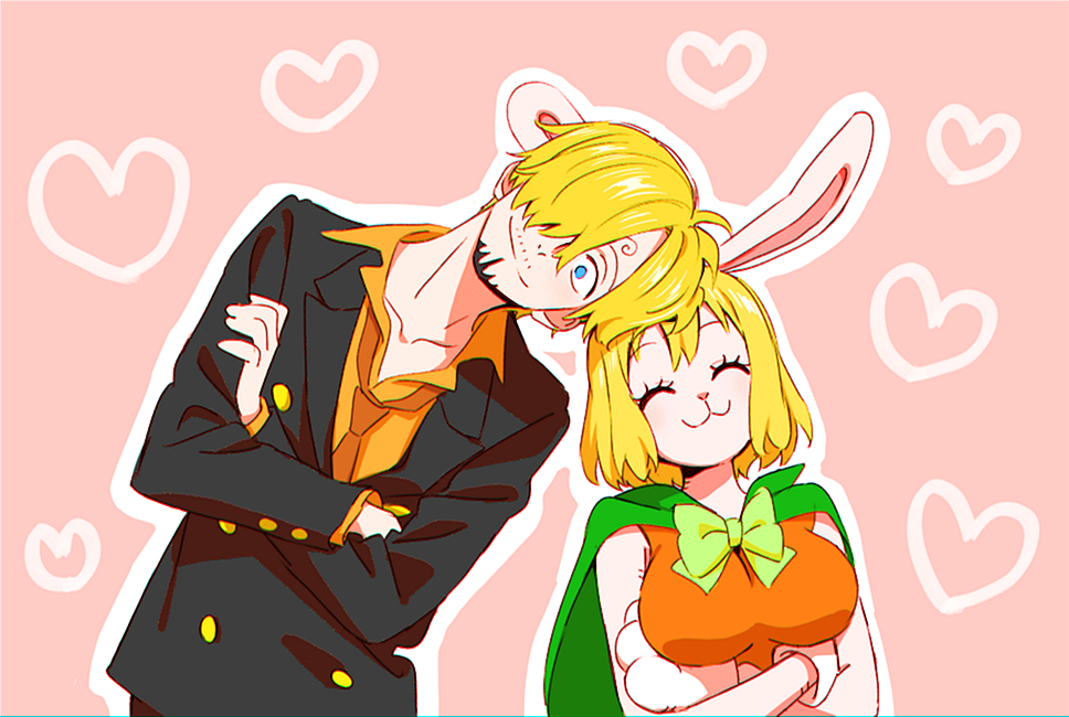 1boy, 1girl, animal_ears, blonde_hair, cape, carrot_(one_piece), closed_eyes, folding_arms, formal_clothes, gloves, green_cape, happy, head_tilt, one_piece, patterned_background, rabbit_ears, rabbit_girl, sanji_(one_piece), smile, suit, taro_(honyarara00)