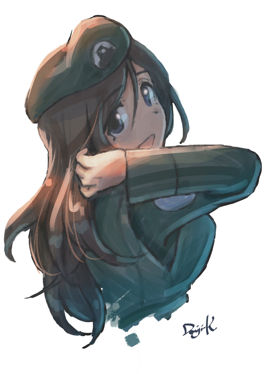 1girl, :d, beret, brown_hair, girls_und_panzer, hand_in_own_hair, hat, highres, kuroneko_douji, long_hair, looking_at_viewer, looking_back, megumi, megumi_(girls_und_panzer), military, military_uniform, open_mouth, smile, solo, tareme, upper_body, white_background