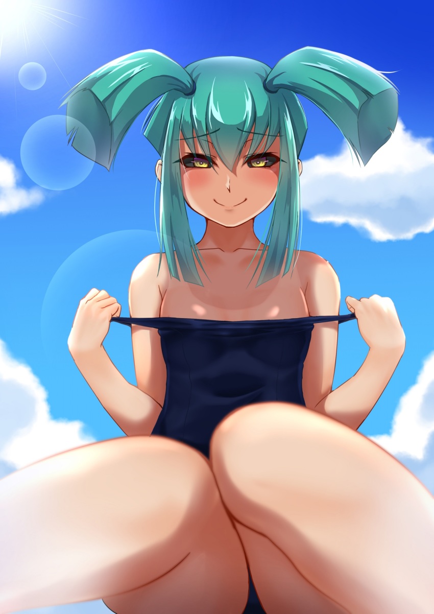 1girl, aqua_hair, black_sclera, blue_one-piece_swimsuit, blue_sky, closed_mouth, clothes_pull, cloud, collarbone, colored_sclera, dark_signer, day, highres, lens_flare, long_hair, looking_at_viewer, luca_(yu-gi-oh!), muto_dt, one-piece_swimsuit, one-piece_swimsuit_pull, outdoors, school_swimsuit, sidelocks, sky, smile, solo, swimsuit, tan, tanline, twintails, yellow_eyes, yu-gi-oh!, yu-gi-oh!_5d's