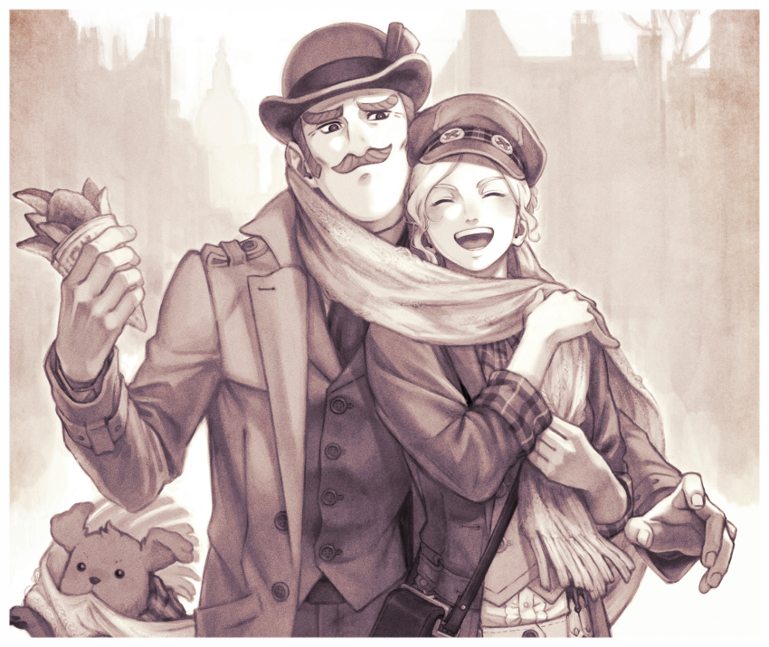 1boy, 1girl, :d, ^_^, absurdres, ace_attorney, animal, bag