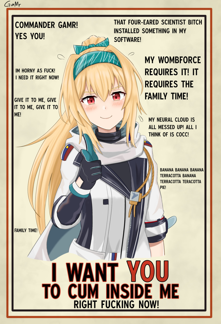 1girl, black_gloves, blonde_hair, english_text, gamryous, girls'_frontline, gloves, green_headband, hair_intakes, hairband, headband, highres, i_want_you, long_hair, parody, ponytail, poster_(medium), profanity, red_eyes, sidelocks, smile, solo, sv-98_(girls'_frontline), sv-98_(mod3)_(girls'_frontline), system_of_a_down, upper_body