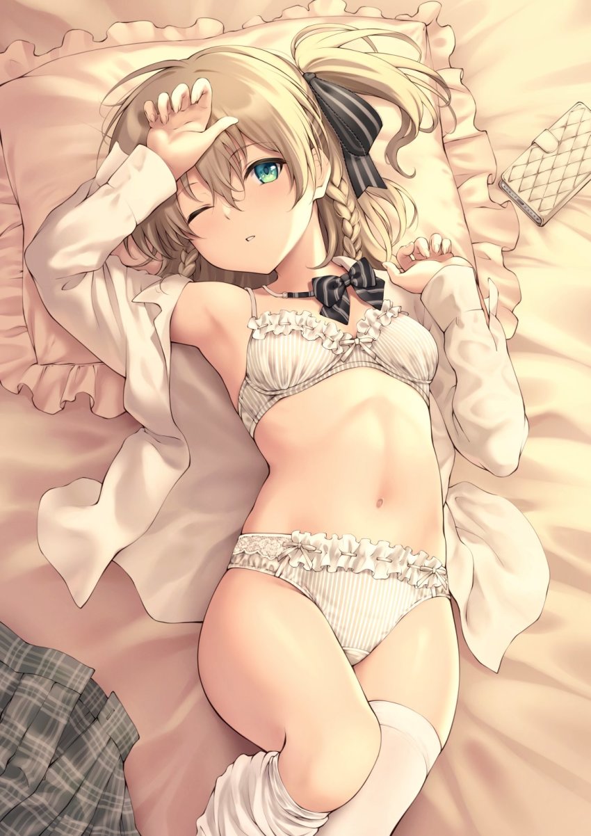1girl, aqua_eyes, arm_up, armpits, bare_shoulders, bed_sheet, bow, bowtie, bra, breasts, brown_hair, comet_pun, frilled_bra, frilled_panties, frills, hair_ribbon, hand_up, highres, long_sleeves, looking_at_viewer, lying, medium_hair, navel, on_back, one_eye_closed, one_side_up, open_clothes, open_shirt, original, panties, parted_lips, pillow, plaid_clothes, plaid_skirt, pleated_skirt, ribbon, shirt, skirt, small_breasts, solo, stomach, thighhighs, underwear, unworn_skirt, white_bra, white_shirt, white_thighhighs
