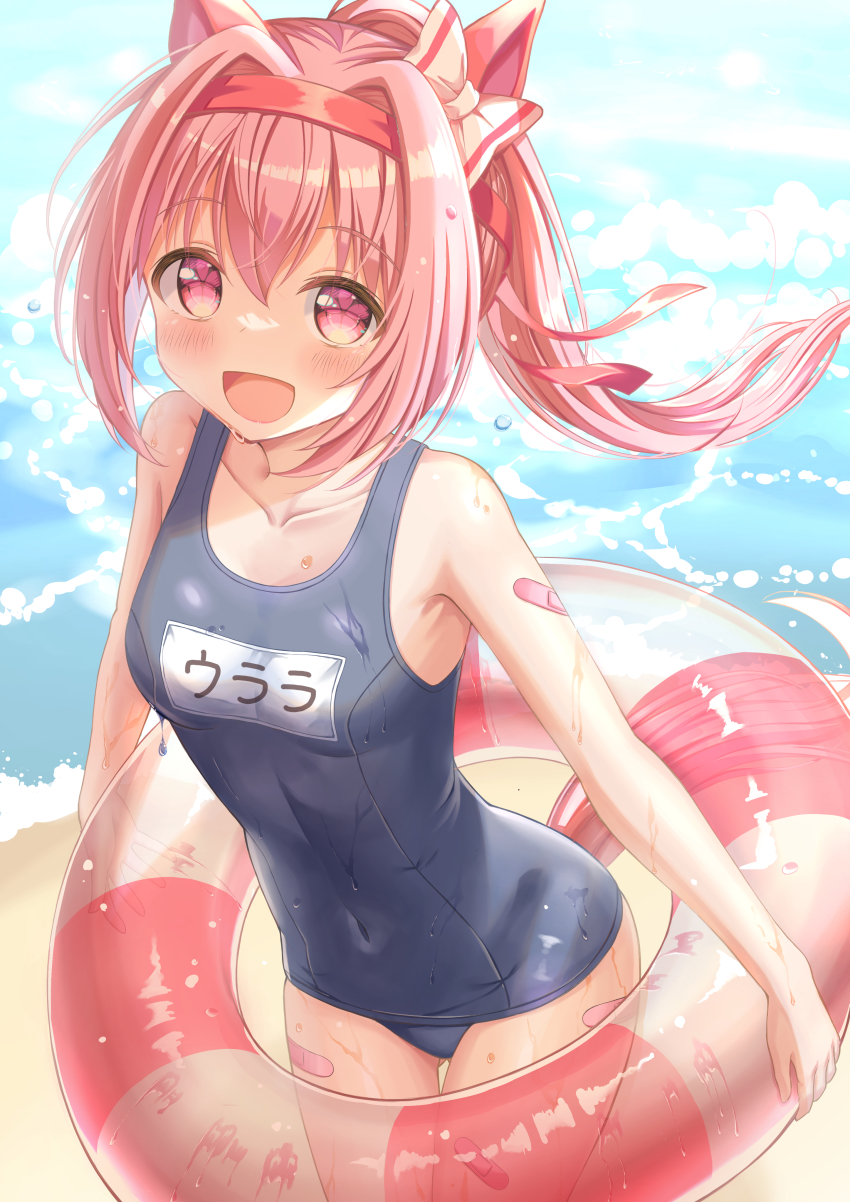 1girl, absurdres, animal_ears, beach, blue_one-piece_swimsuit, bow, breasts, color_pro