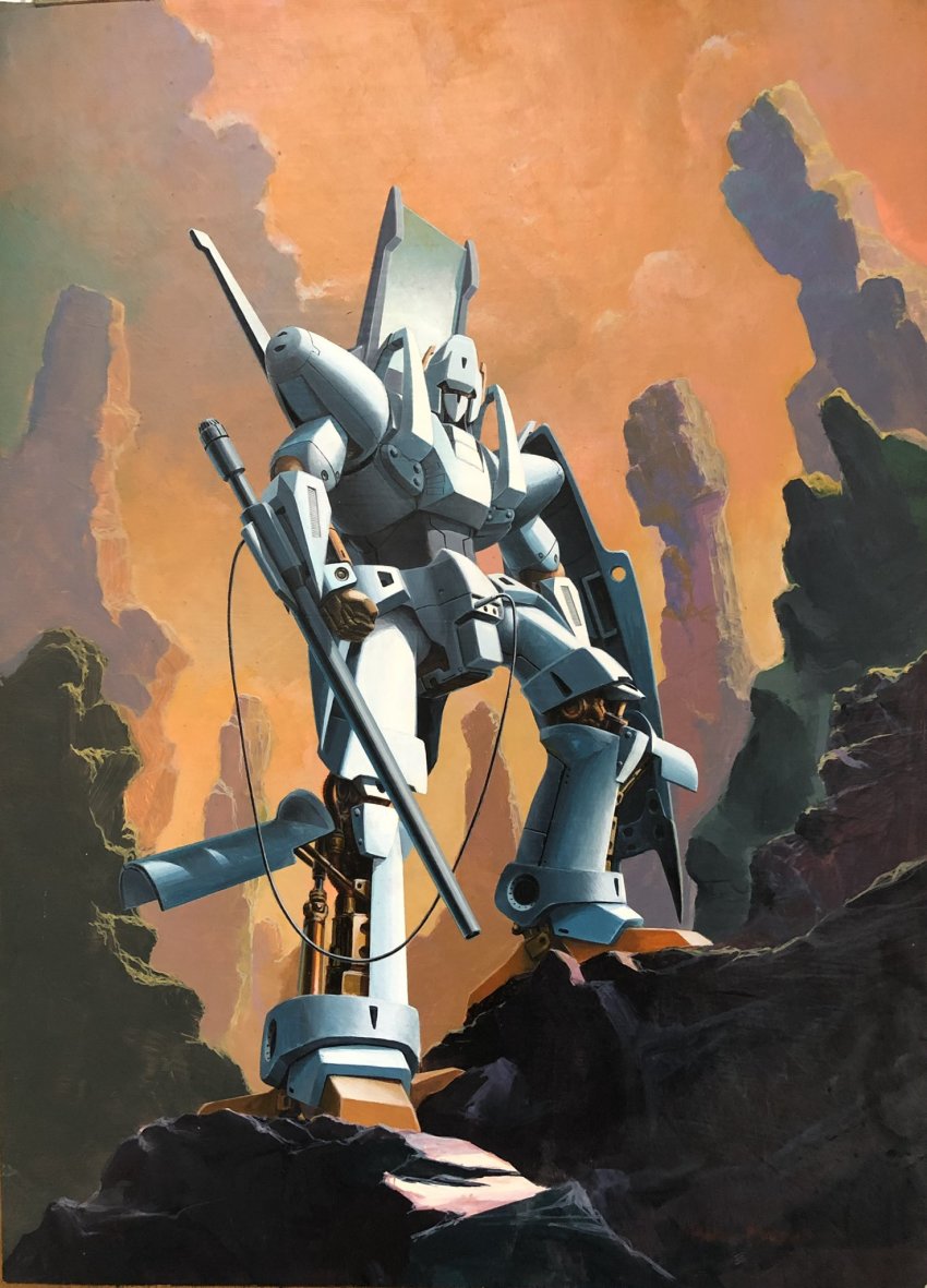 arm_cannon, cable, clenched_hand, highres, holding, holding_shield, juusenki_l-gaim, l-gaim, looking_ahead, mecha, official_art, robot, ryukow_masseau, science_fiction, shield, solo, standing, visor, weapon