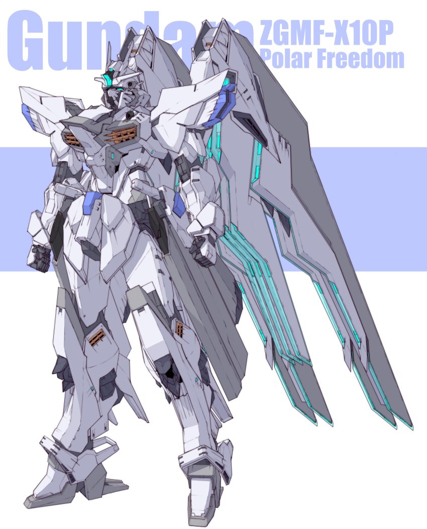 absurdres, blue_eyes, character_name, clenched_hands, freedom_gundam, gundam, gundam_seed, highres, looking_up, mecha, mobile_suit, no_humans, redesign, robot, science_fiction, solo, v-fin, ztb0000