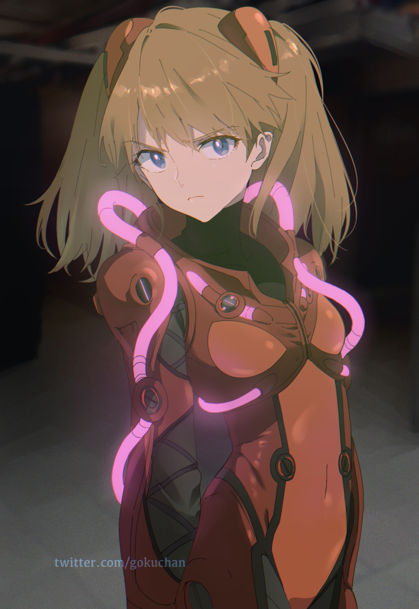 1girl, absurdres, arm_behind_back, artist_request, blue_eyes, bodysuit, breasts, brown_hair, covered_navel, evangelion:_3.0+1.0_thrice_upon_a_time, expressionless, gokuchan, hair_between_eyes, hair_ornament, highres, interface_headset_(evangelion), looking_at_viewer, mecha_pilot_suit, medium_breasts, neon_genesis_evangelion, neon_lights, plugsuit_(evangelion), rebuild_of_evangelion, skin_tight, solo, souryuu_asuka_langley, standing, thigh_gap, tsundere, twintails, twitter_username