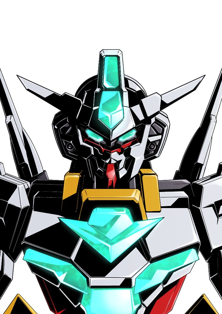 glowing, glowing_eyes, green_eyes, gundam, gundam_build_divers, gundam_build_divers_re:rise, jupitive_gundam, looking_at_viewer