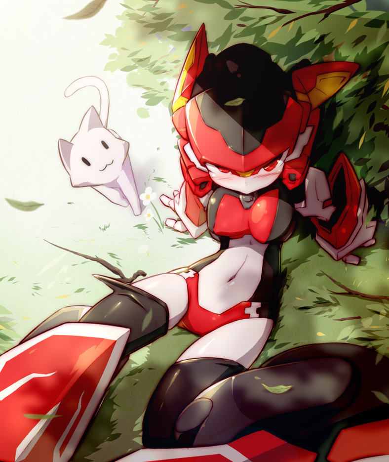 1girl, :3, bingshan, black_thighhighs, blush, branch, breasts, bush, cat, from_above, helmet, humanoid_robot, leaf, leaf_on_head, looking_at_viewer, magic_henshin, mecha_musume, navel, red_eyes, robot, robot_ears, scarlet_sonic, solo, thighhighs, wheel, white_cat