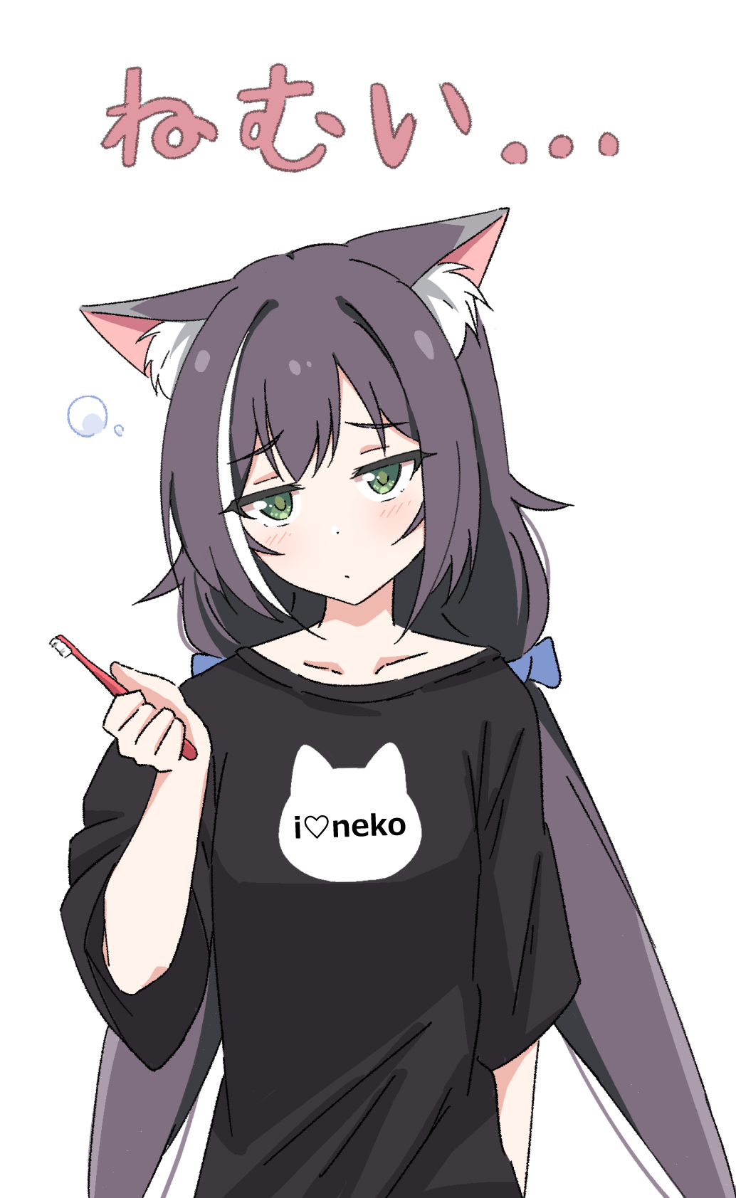 1girl, animal_ear_fluff, animal_ears, black_hair, black_shirt, blush, cat_ears, cat_girl