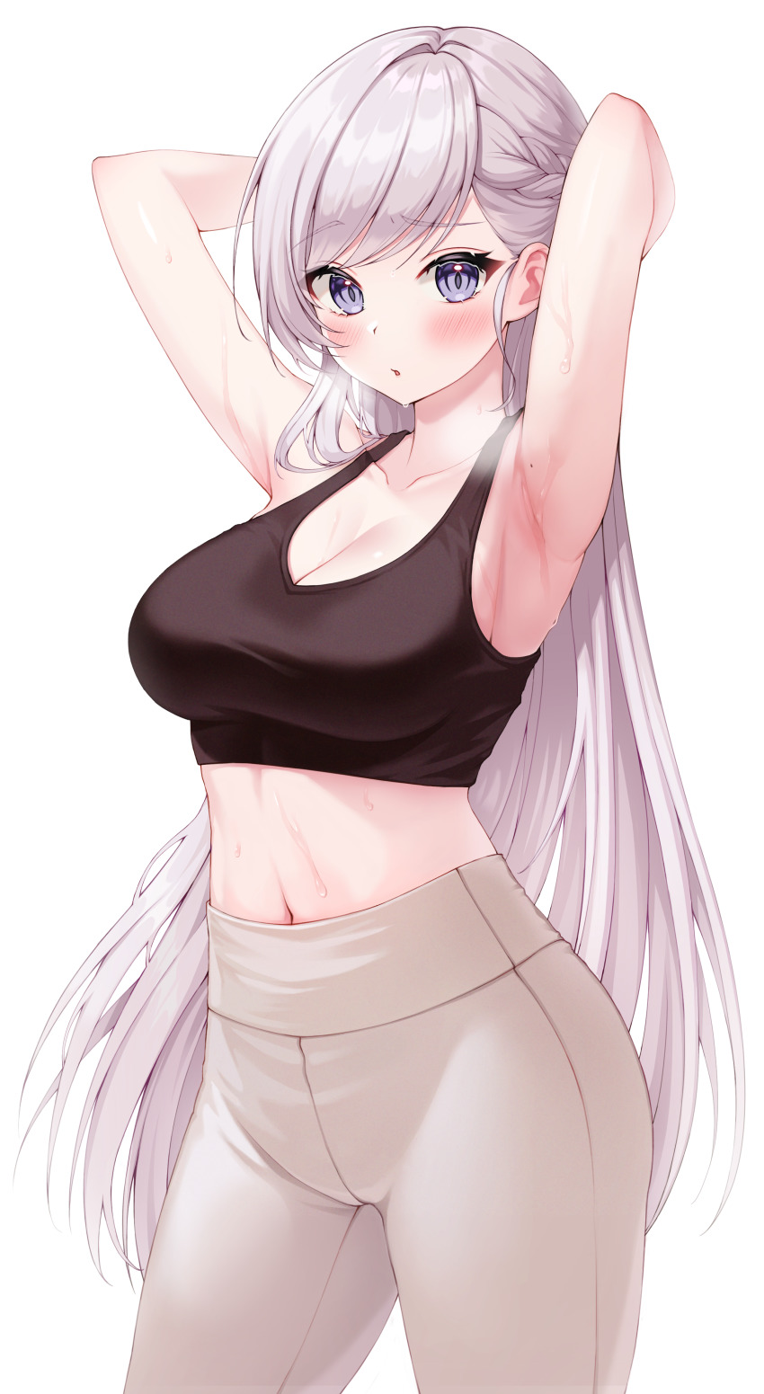 1girl, absurdres, armpits, arms_behind_head, arms_up, azur_lane, belfast_(azur_lane), black_sports_bra