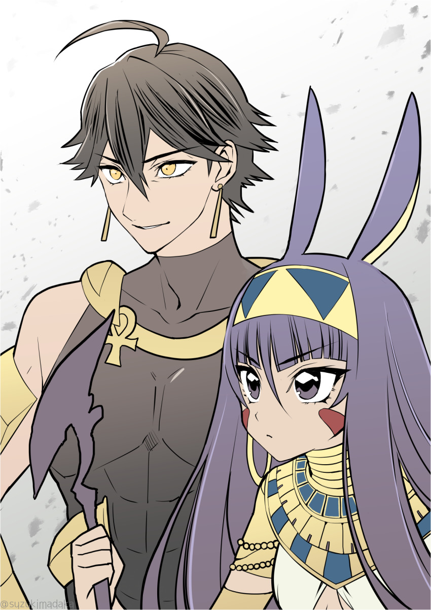 1boy, 1girl, abs, ahoge, animal_ears, black_shirt, breasts, brown_hair