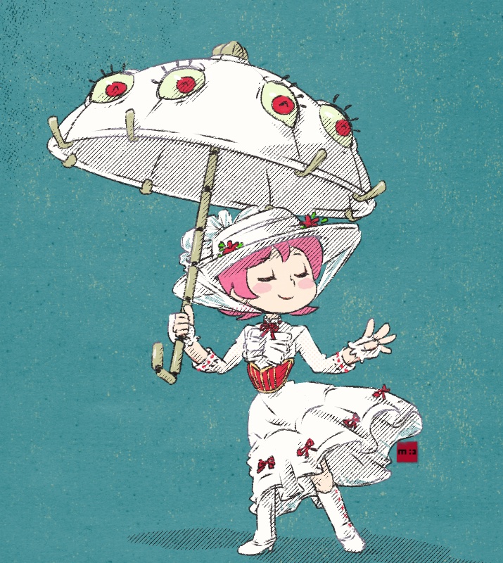 1girl, alternate_color, alternate_costume, blue_background, blush_stickers, boots, bow, cosplay