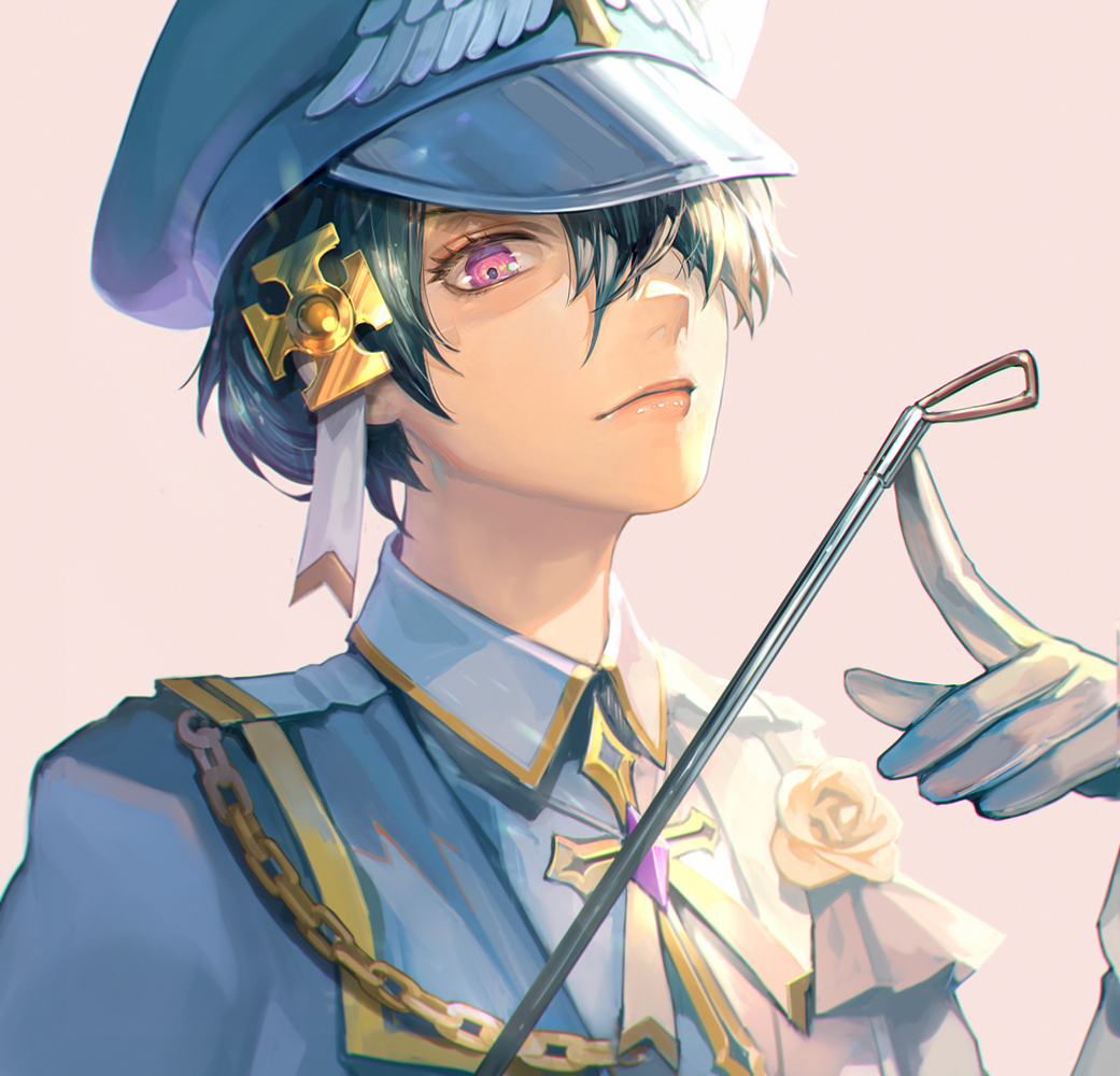 1girl, androgynous, brown_eyes, chain, closed_mouth, commentary_request, cross, flower