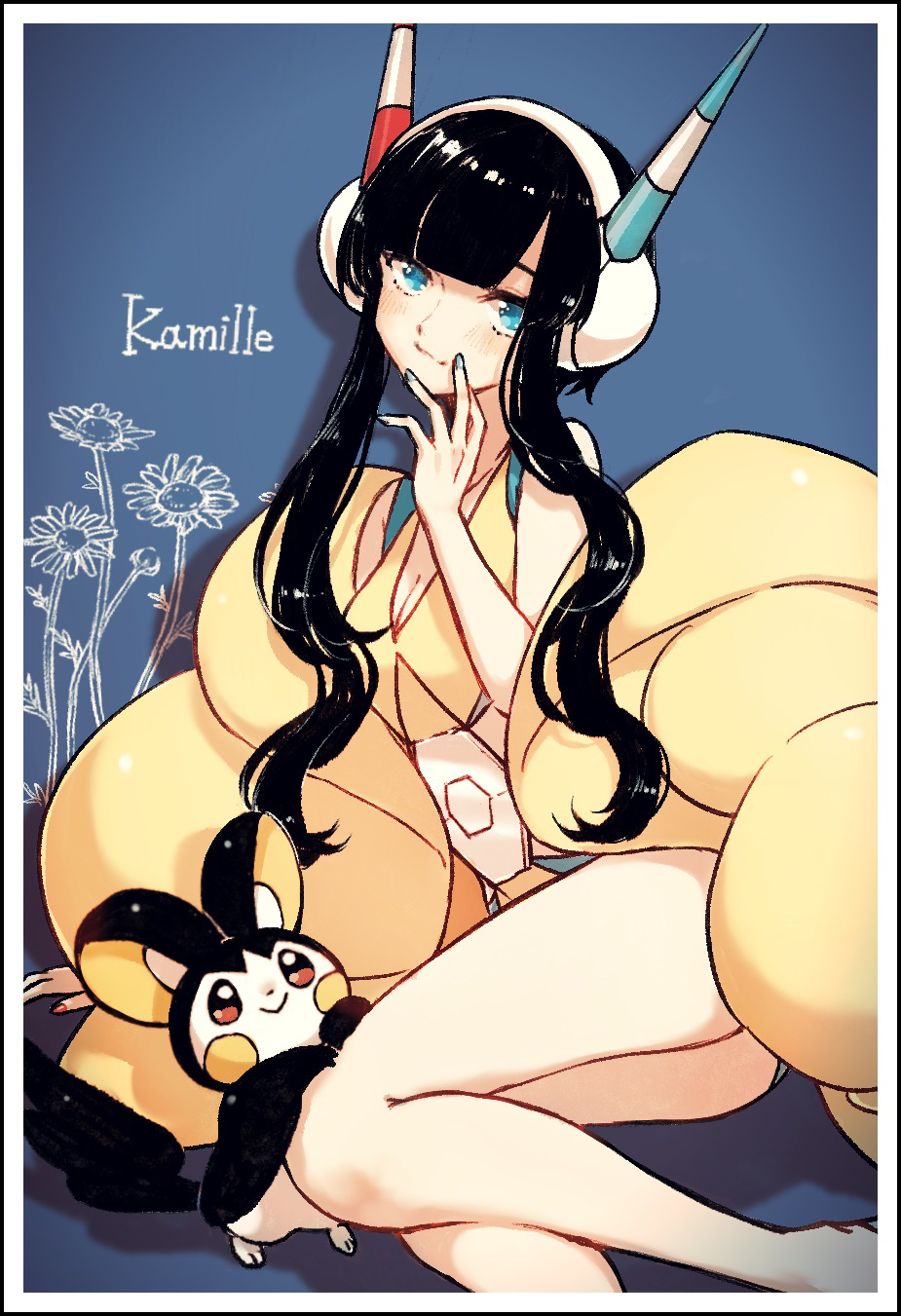 1girl, arm_support, bare_legs, black_hair, blue_eyes, blunt_bangs, blush, border, breasts, cleavage, closed_mouth, commentary, elesa_(pokemon), emolga, gen_5_pokemon, headphones, highres, jacket, looking_at_viewer, mozu_(teluto), nail_polish, nintendo, off_shoulder, pokemon, pokemon_(creature), pokemon_black_2_and_white_2, short_hair_with_long_locks, sidelocks, smile, white_border, yellow_jacket