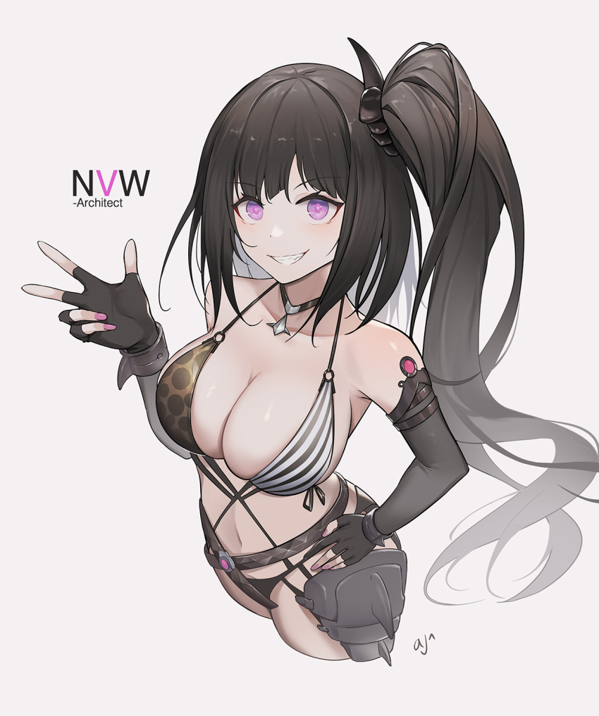 1girl, architect_(girls'_frontline), architect_(nvw_model)_(girls'_frontline), architect_(type_nvw)_(girls'_frontline), ark_john_up, bare_shoulders, bikini, black_hair