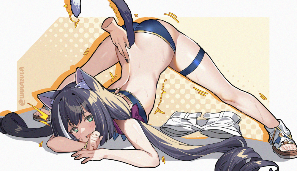 1girl, animal_ear_fluff, animal_ears, ass, bikini, black_hair, blush, cat_ears, cat_girl, cat_tail, commentary, fang, full_body, green_eyes, heart, heart-shaped_pupils, jack-o'_challenge, karyl_(princess_connect!), karyl_(summer)_(princess_connect!), long_hair, looking_at_viewer, meme, multicolored_hair, open_mouth, princess_connect!, sandals, short_shorts, shorts, solo_focus, spread_legs, streaked_hair, swimsuit, symbol-shaped_pupils, tail, thigh_strap, top-down_bottom-up, unworn_shorts, very_long_hair, white_hair, wulazula