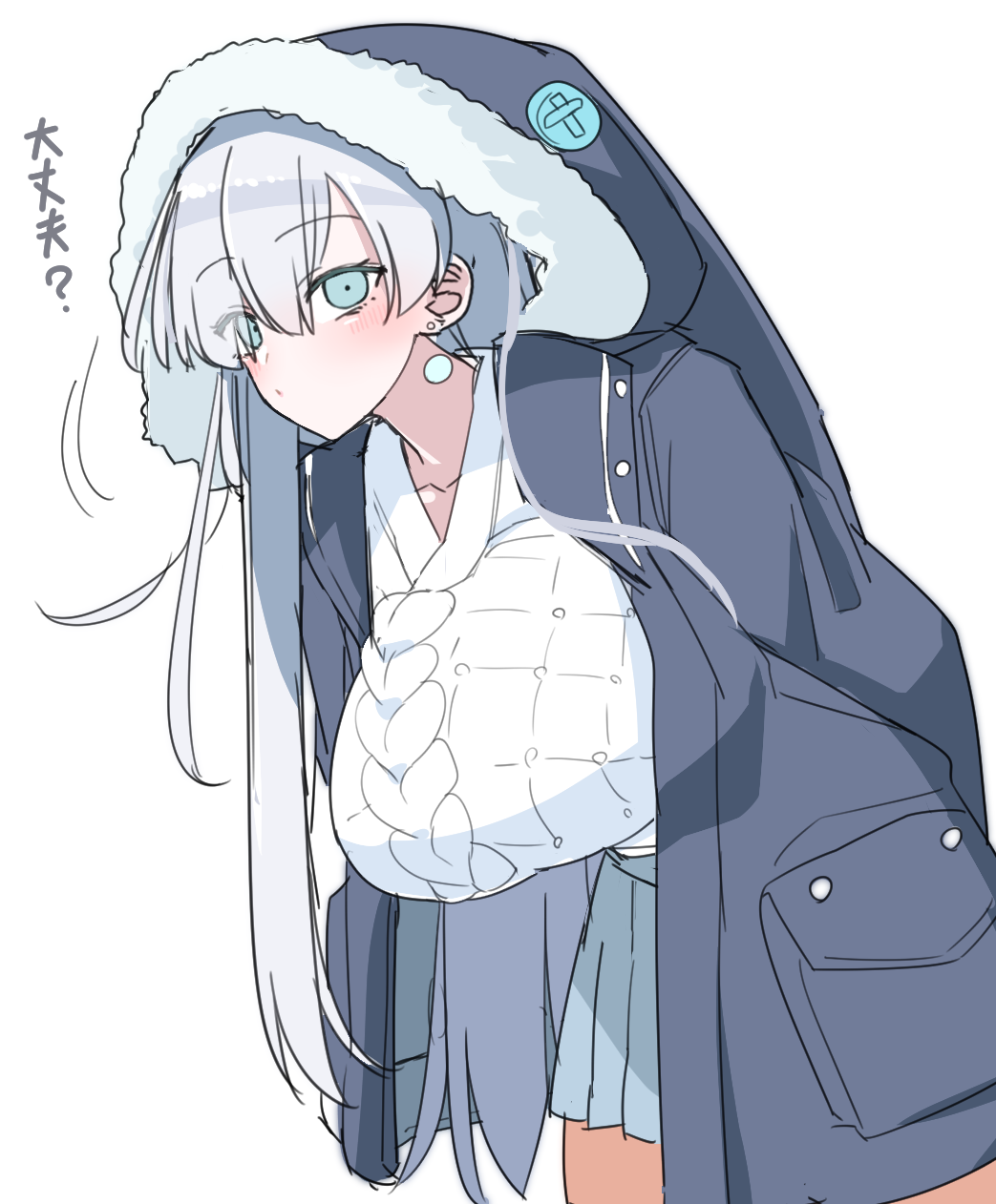 1girl, akitokage, alternate_breast_size_(larger), anastasia_(fate), anastasia_(under_the_same_sky)_(fate), blue_eyes, blue_skirt, blush, breasts, cowboy_shot, earrings, fate/grand_order, fate_(series), fur-trimmed_jacket, fur_trim, grey_jacket, hair_over_one_eye, hairband, highres, hood, hood_up, hooded_jacket, huge_breasts, jacket, jewelry, leaning_forward, long_hair, long_sleeves, looking_at_viewer, open_clothes, open_jacket, pleated_skirt, ribbed_sweater, silver_hair, simple_background, skirt, solo, sweater, translation_request, under_the_same_sky, very_long_hair, white_background, white_sweater