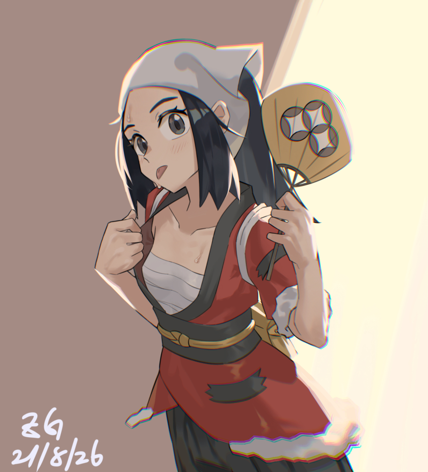 1girl, absurdres, akari_(pokemon), black_hair, blush, chromatic_aberration, collarbone, commentary_request