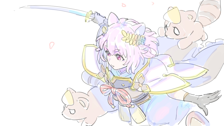 1girl, animal_ears, armor, cape, capelet, enkyo_yuuichirou, fang, frilled_cape, from_side, gloves, hair_between_eyes, hair_ornament, highres, holding, holding_sword, holding_weapon, katana, konotegashiwa_kanenaga, leaf, leaf_on_head, open_hand, petals, pink_hair, raccoon, raccoon_ears, raccoon_tail, red_eyes, ribbon, short_hair, simple_background, striped_tail, sword, tagme, tail, tenka_hyakken, thick_eyebrows, weapon, white_background