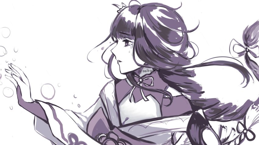 1girl, breasts, bridal_gauntlets, cleavage, commentary, crying, crying_with_eyes_open, english_commentary, from_side, genshin_impact, hair_ornament, highres, japanese_clothes, kimono, large_breasts, long_hair, monochrome, open_mouth, parted_lips, purple_eyes, purple_hair, raiden_shogun, ribbon, sei_(seibugged), simple_background, sketch, solo, tears, twitter_username, white_background, wide_sleeves