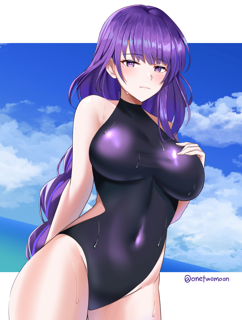 1girl, arm_behind_back, bare_shoulders, black_one-piece_swimsuit, blue_sky, border, braid, breasts