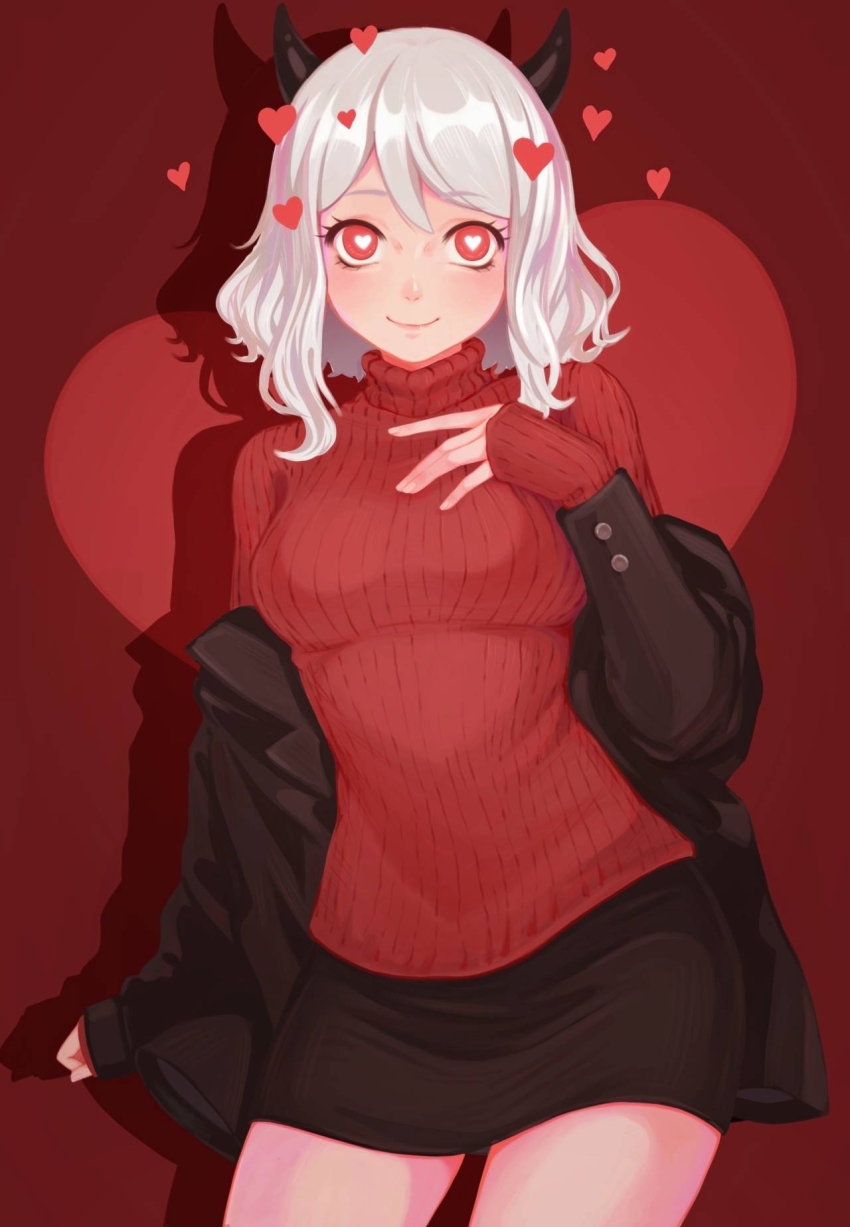 1girl, bad_id, bad_pixiv_id, black_horns, blush, cirrika, cowboy_shot, demon_girl, demon_horns, hand_on_own_chest, heart, heart-shaped_pupils, helltaker, highres, horns, jacket, medium_hair, miniskirt, modeus_(helltaker), off_shoulder, open_clothes, open_jacket, red_sweater, ribbed_sweater, silver_hair, skirt, smile, solo, sweater, symbol-shaped_pupils, two-tone_background