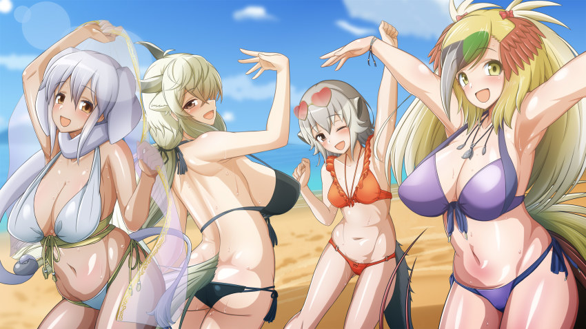 4girls, :d, ;d, animal_ears, arm_up, armpits, arms_up, ass