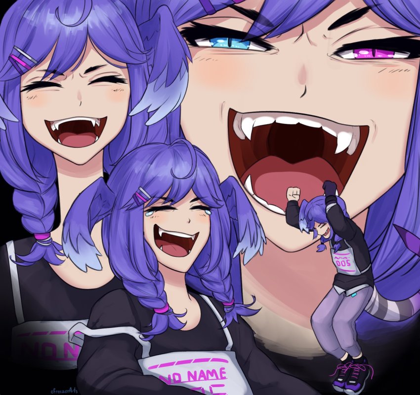 1girl, black_sweater, blue_eyes, braid, dragon_girl, dragon_tail, efreezerarts, fangs, half-closed_eyes, head_wings, heterochromia, highres, laughing, laughing_tom_cruise_(meme), medium_hair, meme, multiple_views, nijisanji, nijisanji_en, obsydia, obsydia_(nijisanji), open_mouth, pants, pointy_ears, purple_eyes, purple_hair, purple_pants, selen_tatsuki, selen_tatsuki_(1st_costume), sweater, sweatpants, tail, twin_braids, two-tone_hoodie, virtual_youtuber, wings