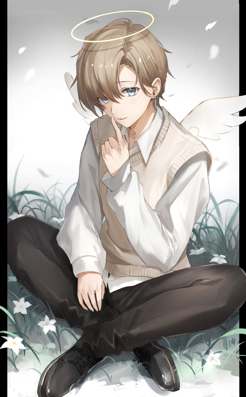 1boy, absurdres, angel_wings, black_pants, black_shoes, blonde_hair, blue_eyes, collared_shirt