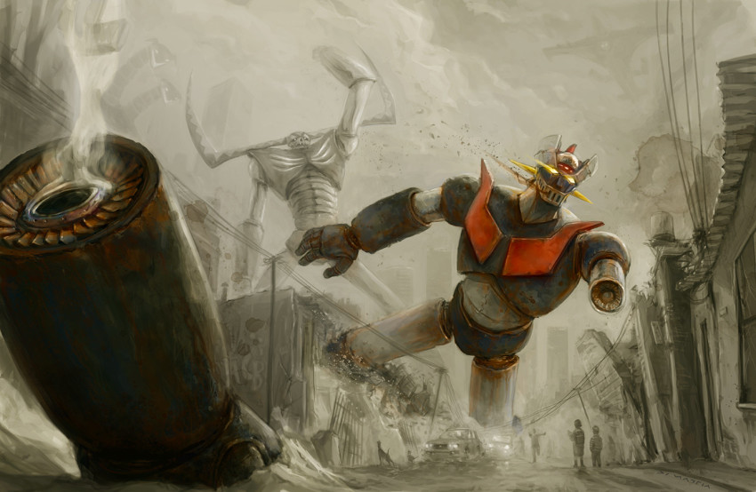 battle, building, car, cityscape, cloud, cloudy_sky, commentary, damaged, debris, dirty, doublas_m2_(robot), dust, english_commentary, falling, flying, garada_k7_(robot), genocider_f9, mazinger_(series), mazinger_z, mazinger_z_(mecha), mecha, motor_vehicle, nicodimattia, people, punching, realistic, robot, rocket_punch, ruins, running, science_fiction, sky, smoke, super_robot, surrounded, when_you_see_it