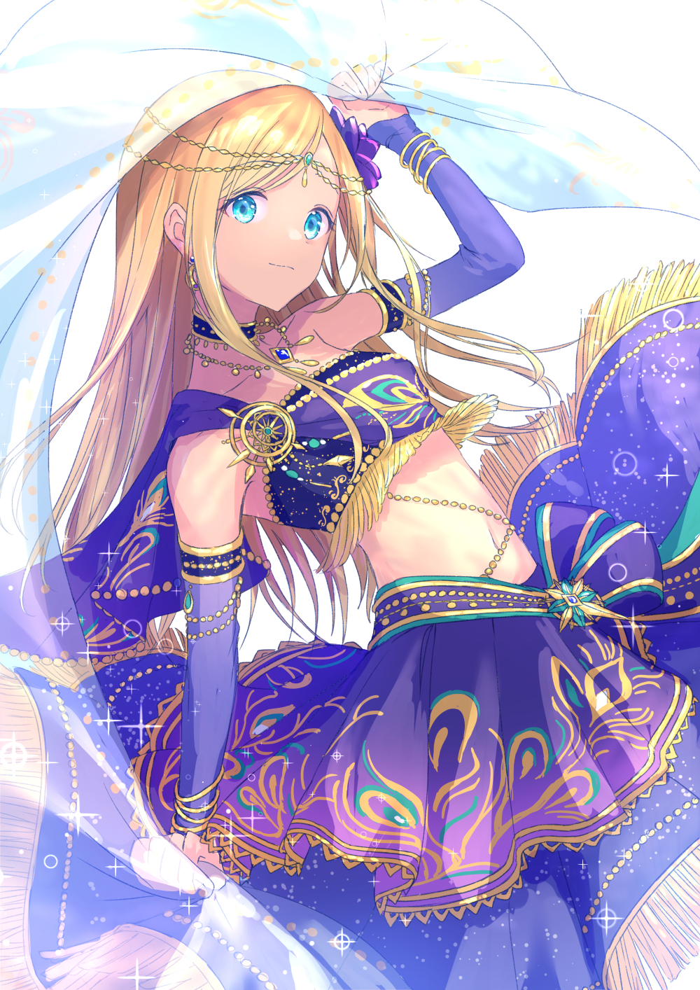 1girl, aqua_eyes, arabian_clothes, blonde_hair, bracelet, collarbone, cowboy_shot, crop_top, dancer, dark-skinned_female, dark_skin, detached_sleeves, dutch_angle, flower, forehead_jewel, hair_flower, hair_ornament, highres, idolmaster, idolmaster_cinderella_girls, jewelry, layla_(idolmaster), light_smile, long_hair, looking_at_viewer, midriff, navel, pendant, print_skirt, see-through_clothes, shiohari_kanna, simple_background, skirt, solo, tareme, veil, white_background