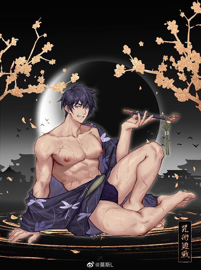 1boy, black_hair, falling_petals, full_moon, fundoshi, fushiguro_toji, japanese_clothes, jujutsu_kaisen