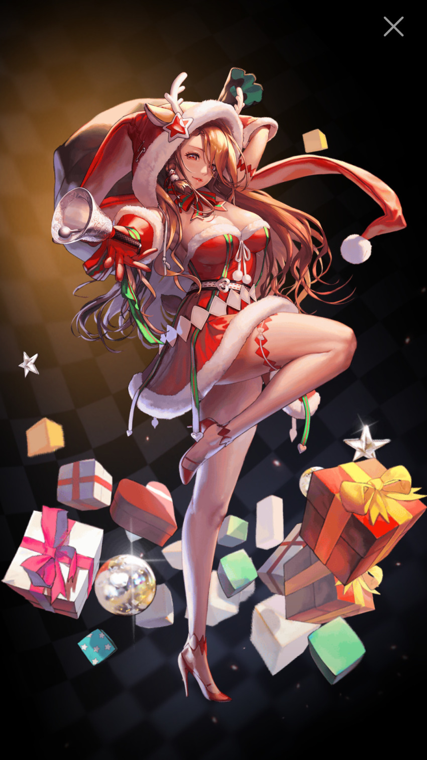antlers, bag, bell, box, breasts, brown_hair, carrying_over_shoulder, christmas_dress, destiny_child, gift, gift_box, gloves, hat, high_heels, highres, horns, large_breasts, leda_(destiny_child), looking_at_viewer, ribbon, santa_gloves, santa_hat, star_(symbol), star_ornament, thigh_strap, thighs