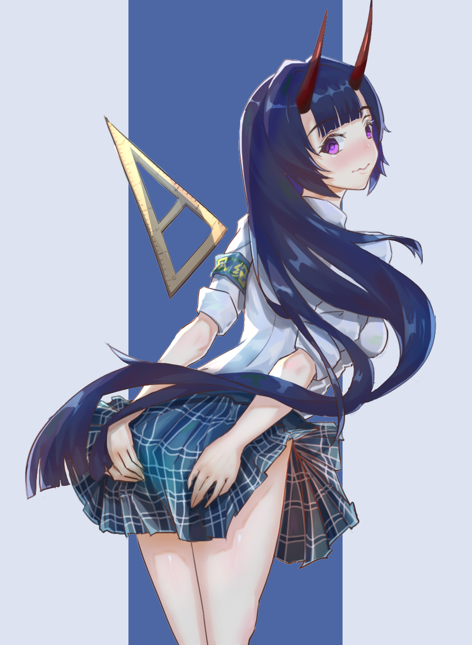 1girl, ass, back, blue_background, blue_skirt, blush, closed_mouth, grabbing_own_ass, hair_between_eyes, highres, honkai_(series), honkai_impact_3rd, horns, jiu_dao_fan_yin, long_hair, looking_at_viewer, looking_back, polo_shirt, purple_eyes, purple_hair, raiden_mei, raiden_mei_(herrscher_of_thunder), ruler, school_uniform, set_square, shirt, skirt, sleeves_rolled_up, smile, solo, white_shirt