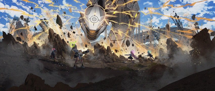 4girls, battle, binah_(blue_archive), blue_archive, cloud, covering_privates, dirt, eruption