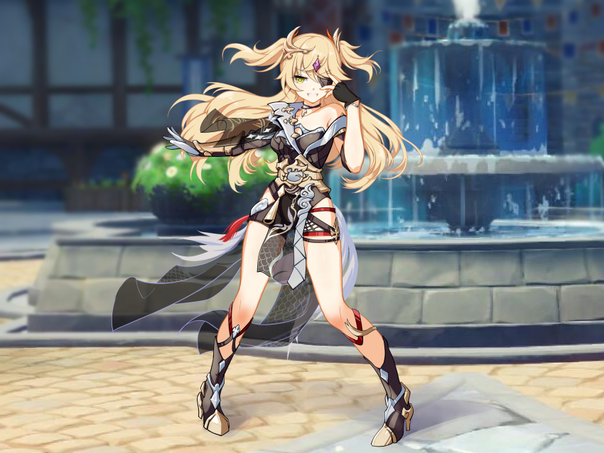 1girl, absurdres, asymmetrical_gloves, asymmetrical_sleeves, black_boots, blonde_hair, boots, building, chinese_clothes, company_connection, cosplay, crossover, eyepatch, fingerless_gloves, fischl_(genshin_impact), fountain, full_body, genshin_impact, gloves, green_eyes, grin, herrscher_of_sentience, herrscher_of_sentience_(cosplay), highres, honkai_(series), honkai_impact_3rd, looking_at_viewer, miaodiande_yuanshoumiao, mihoyo, mismatched_gloves, outdoors, smile, solo, standing, teeth, twintails, uneven_sleeves, voice_actor_connection, white_gloves