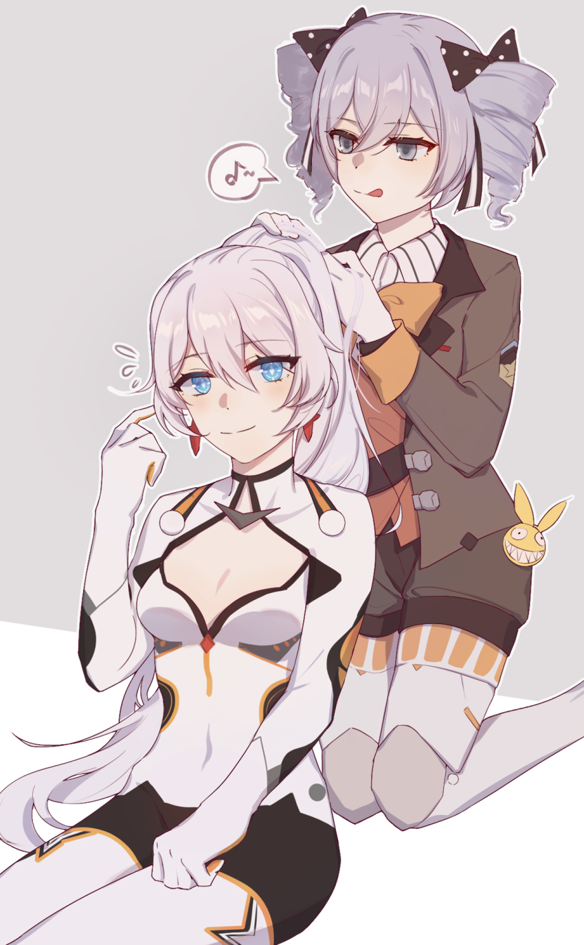 2girls, alternate_hairstyle, blue_eyes, bow, bowtie, breasts, bronya_zaychik, bronya_zaychik_(wolf's_dawn)