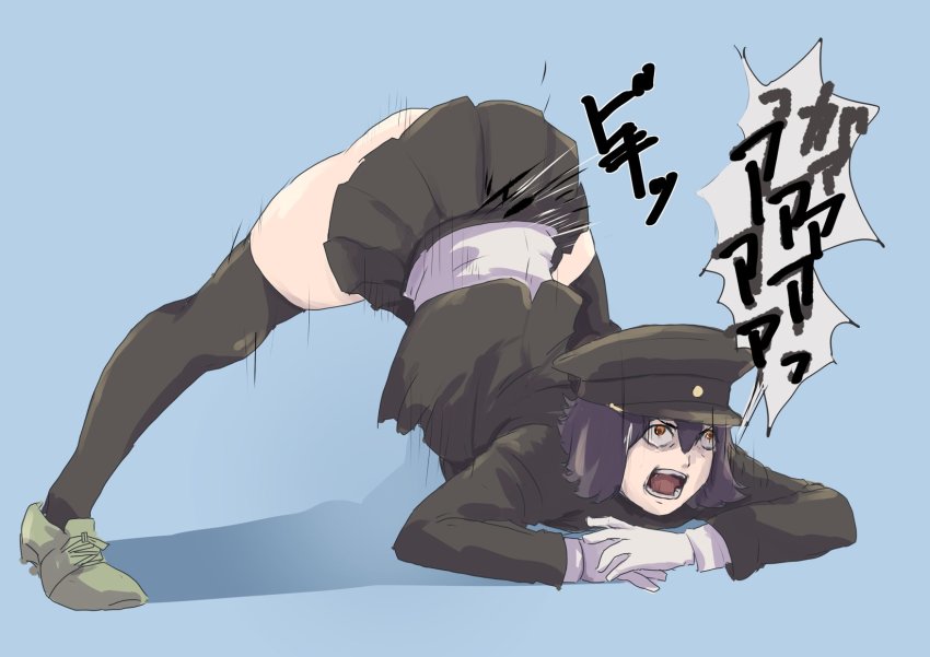 1girl, akitsu_maru_(kancolle), black_hair, black_hat, black_skirt, black_thighhighs, blue_background, chrono_(himadon)