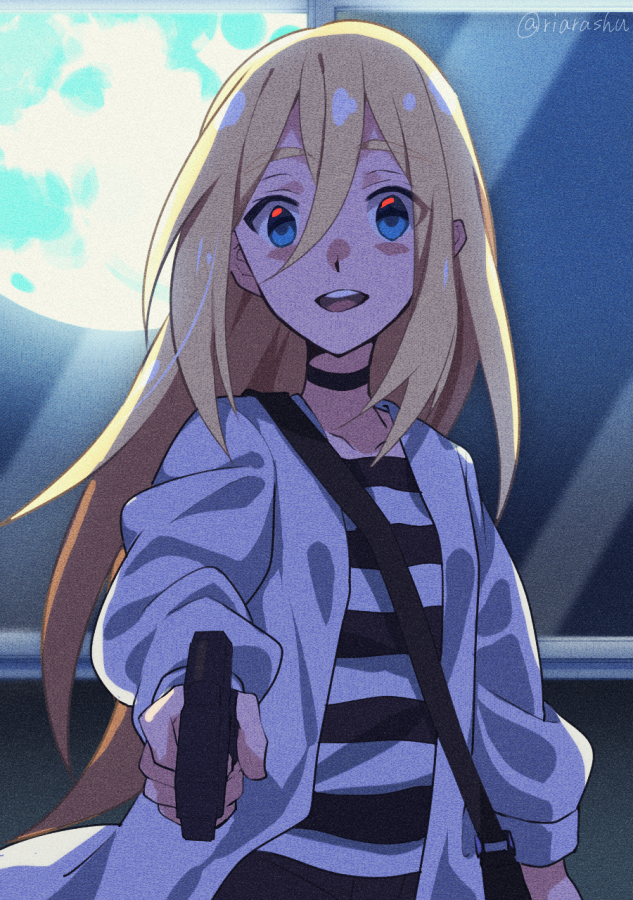 1girl, :d, black_choker, blonde_hair, blue_eyes, choker, collarbone, gun