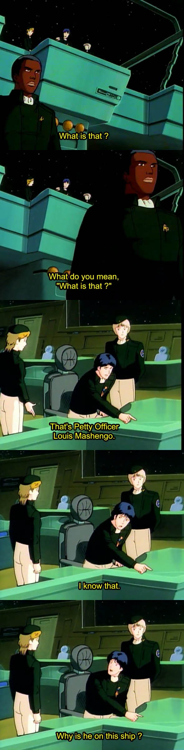 1girl, 3boys, absurdres, anime_screenshot, frederica_greenhill, ginga_eiyuu_densetsu, highres, julian_mintz, long_image, louis_mashengo, multiple_boys, subtitled, tall_image, yang_wen-li