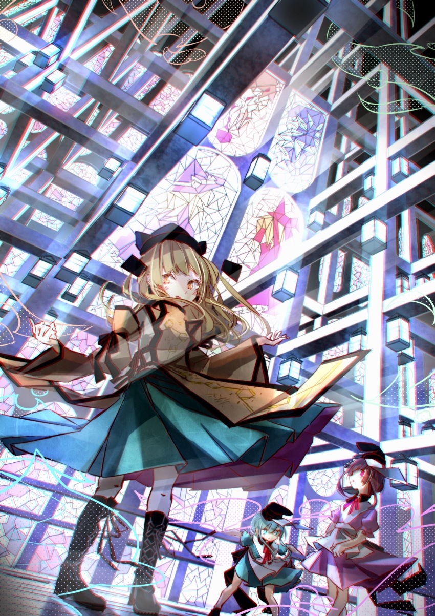 3girls, apron, arawara, architecture, black_footwear, black_headwear, blonde_hair, boots