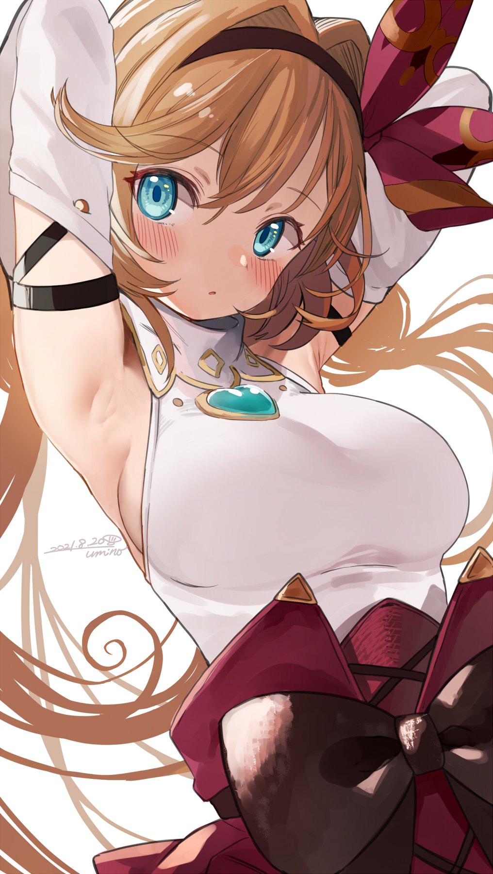 1girl, armpits, arms_up, artist_name, blue_eyes, blush, bow, breasts, clarisse_(granblue_fantasy), clarisse_(valentine)_(granblue_fantasy), collared_shirt, commentary_request, dated, detached_sleeves, granblue_fantasy, hair_intakes, hairband, highres, large_breasts, long_hair, official_alternate_costume, orange_hair, parted_lips, shirt, sideboob, sleeveless, sleeveless_shirt, solo, umino_hotate, upper_body, white_shirt