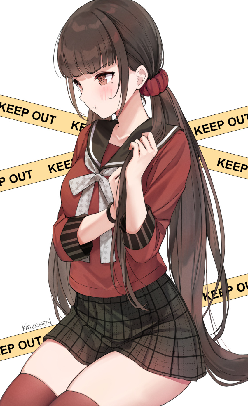 1girl, :t, angry, blunt_bangs, blush, brown_eyes, brown_hair, danganronpa_(series)